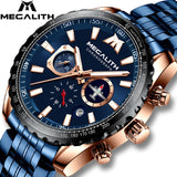 MEGALITH Sports Watches Men Aircraft Pointer Luminous Quartz Watch 30M Waterproof Blue Full Steel Military Wrist Watch With Box