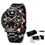 MEGALITH Sports Watches Men Aircraft Pointer Luminous Quartz Watch 30M Waterproof Blue Full Steel Military Wrist Watch With Box