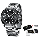 MEGALITH Sports Watches Men Aircraft Pointer Luminous Quartz Watch 30M Waterproof Blue Full Steel Military Wrist Watch With Box