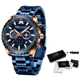 MEGALITH Sports Watches Men Aircraft Pointer Luminous Quartz Watch 30M Waterproof Blue Full Steel Military Wrist Watch With Box