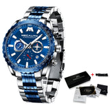 MEGALITH Sports Watches Men Aircraft Pointer Luminous Quartz Watch 30M Waterproof Blue Full Steel Military Wrist Watch With Box