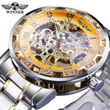 Winner Golden Watches Classic Rhinestone Clock Roman Analog Male Skeleton Clocks Automatic Mechanical Stainless Steel Band Watch